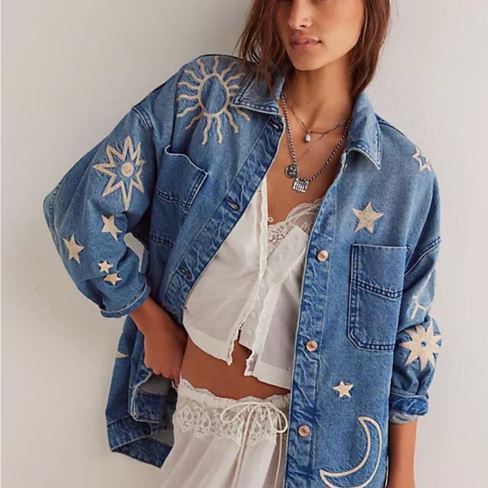 We The Free Embroidered Madison city shacket skyway blues Free People Small NWT